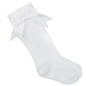 Girls White Knee Length Satin Bow Socks